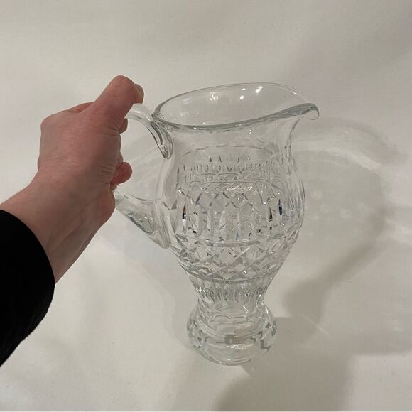 Vintage Tall Cut Crystal Pitcher Diamond Design Faceted Handle Thumbprint - Picture 5 of 7